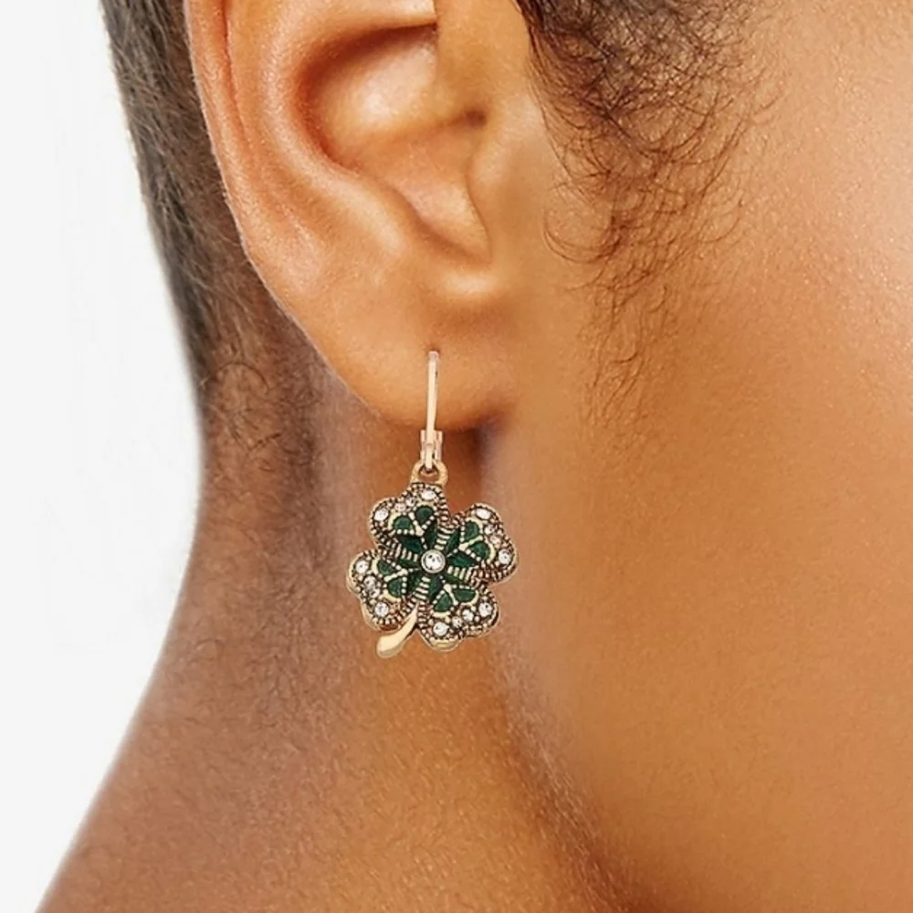 Napier Gold Tone Lucky Shamrock Drop  Earrings Nwt - Picture 2 of 3